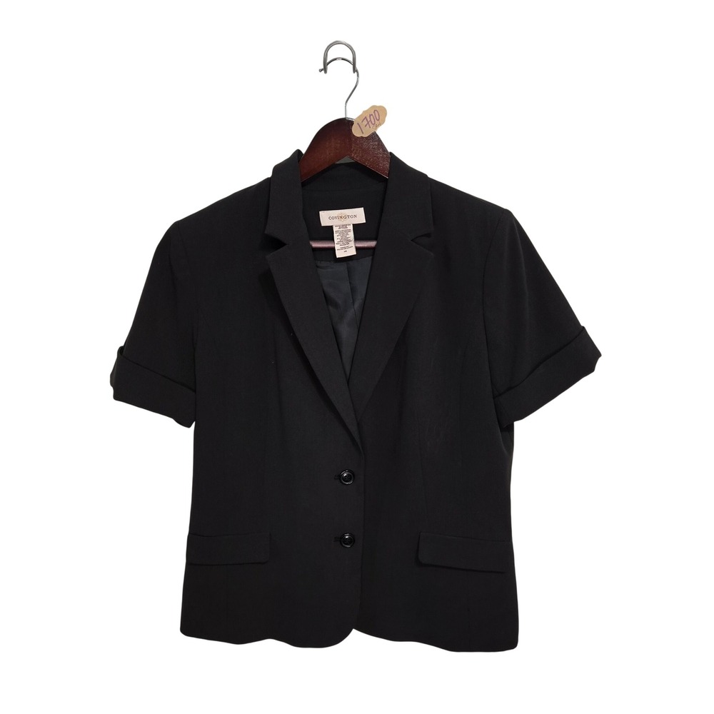 Covington Black Short Sleeve Blazer Jacket Size 14 Two Button Professional Notch